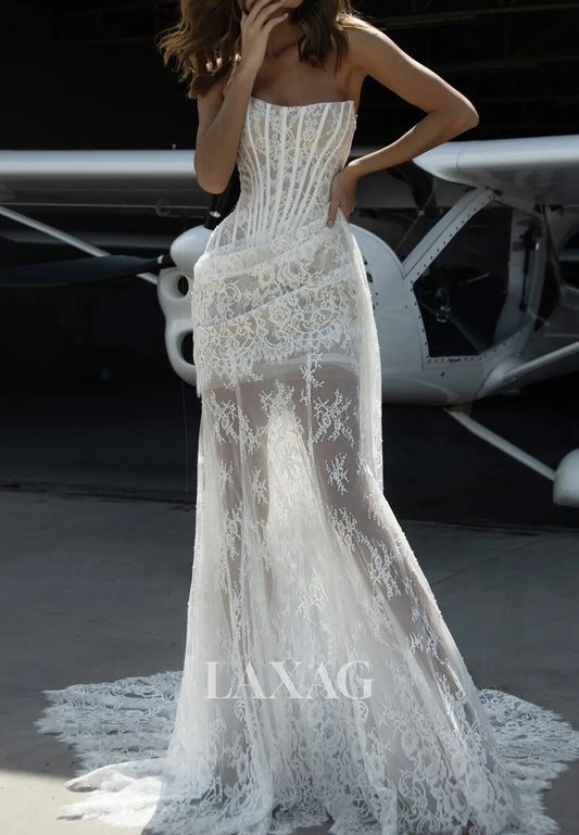 Tube Top Sleeveless Allover Lace Pleated Sheer Two Piece Mermaid Wedding Dress with Train