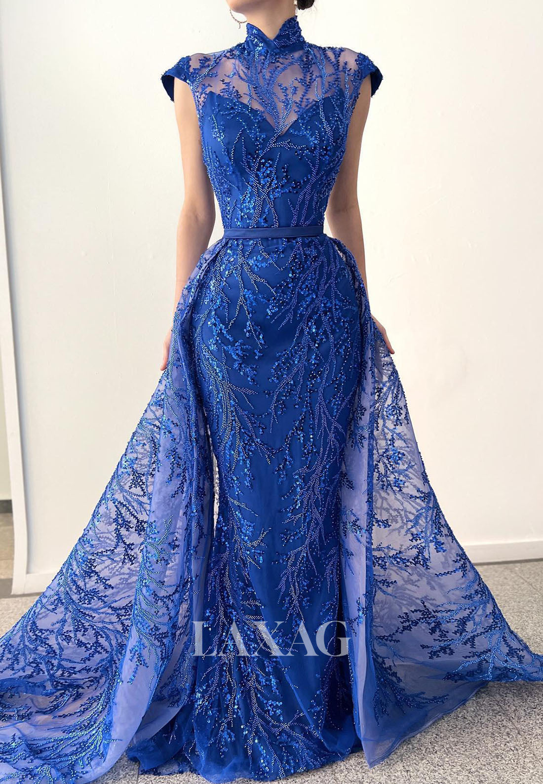High-Neck Cap-Sleeves Beaded Sequined Applique Tulle Floor-Length Mermaid Evening Dress with Train