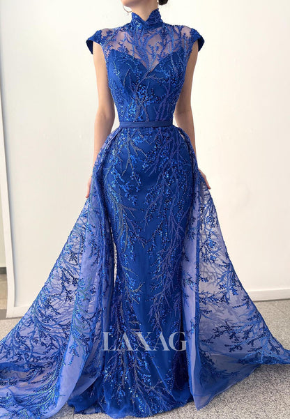 High-Neck Cap-Sleeves Beaded Sequined Applique Tulle Floor-Length Mermaid Evening Dress with Train