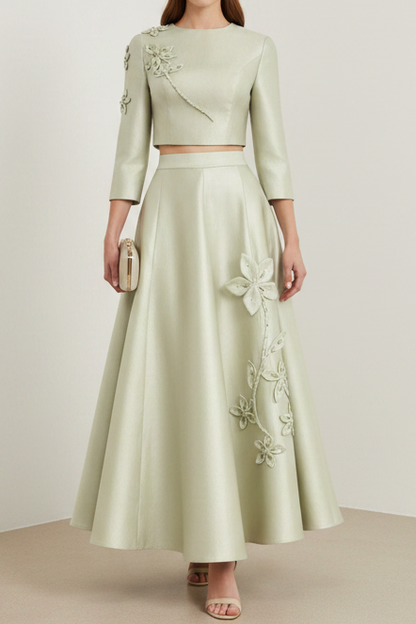 Scoop-Neck 3/4-Sleeves Applique Satin Ankle-Length Two Piece A-Line Mother of the Bride Dress