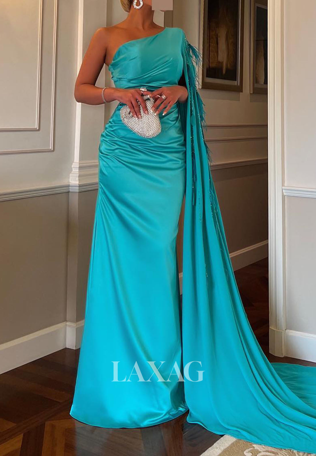 Asymmetrical-Neck Sleeveless Sequined Fringed Pleated Satin Floor-Length Mermaid Evening Dress