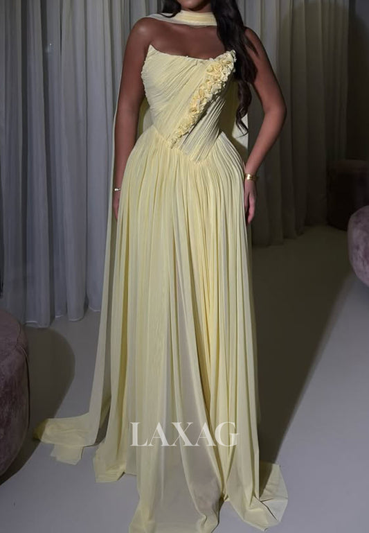 Bateau-Neck Off-Shoulder Pleated Chiffon Party Gowns Floral Embellished A-Line Prom Dress