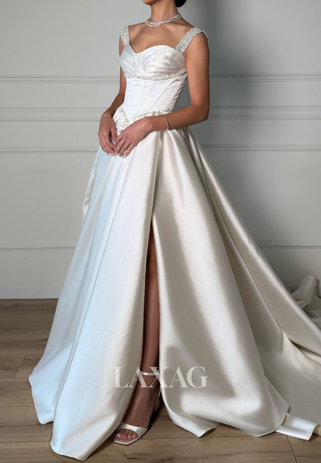 Beaded-Straps Sweetheart Sleeveless Bride Gowns Pleated Satin High Slite A-Line Wedding Dress