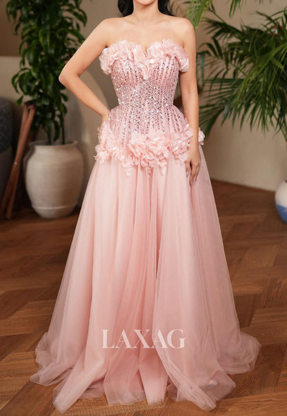 Sweetheart Off-Shoulder A-Line Evening Dress Sleeveless Beaded Sequined Pleated Tulle Formal Gowns