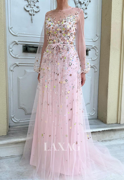 Scoop-Neck Long-Sleeves A-Line Evening Dress Multi-Color Sequined Applique Beaded Formal Gowns