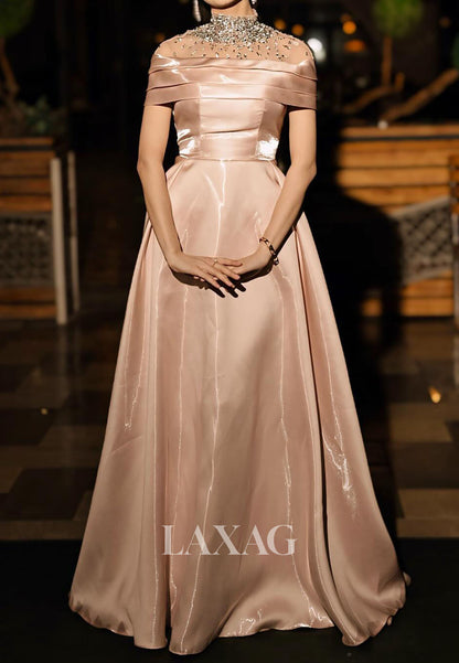 High-Neck Cap-Sleeves Pleated Satin Formal Gowns Sequined Beaded Floor-Length A-Line Evening Dress