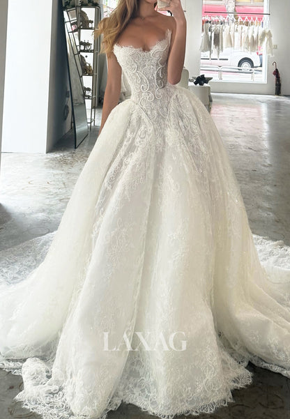 Off-Shoulder Sweetheart Long-Sleeves Pearls Lace Applique Tulle A-Line Wedding Dress with Train