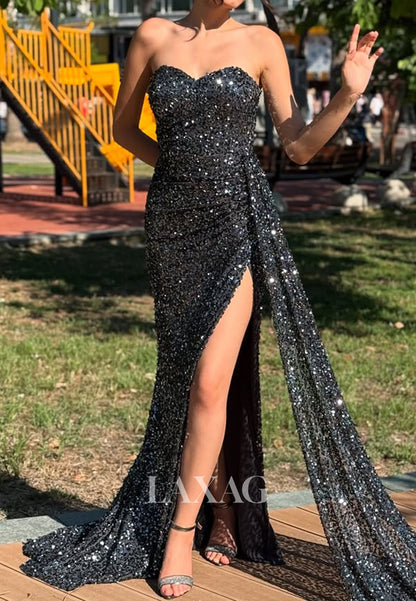 Off-Shoulder Sweetheart Sleeveless Mermaid Prom Dress Fully Sequined High Slit Party Gowns