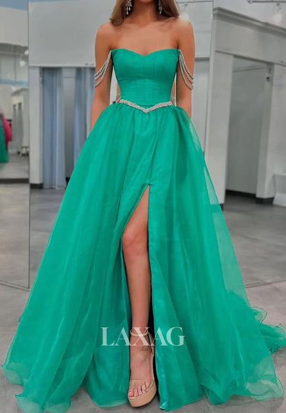 Sweetheart Sleeveless Pleated Chiffon A-Line Prom Dress Off-Shoulder Rhinestone Slit Party Gowns