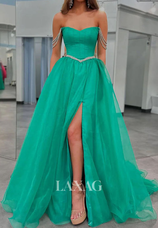 Sweetheart Sleeveless Pleated Chiffon A-Line Prom Dress Off-Shoulder Rhinestone Slit Party Gowns