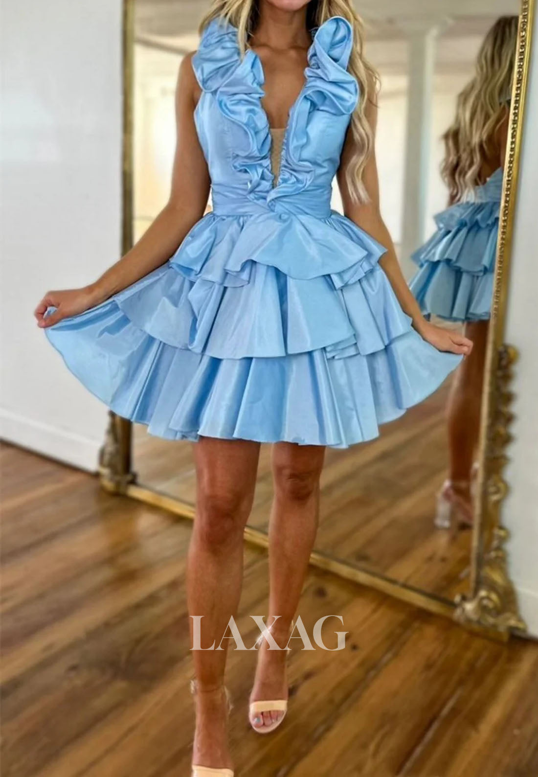 Plunging V-Neck Straps Sleeveless Ruffled Pleated Satin Tiered A-Line Homecoming Dress
