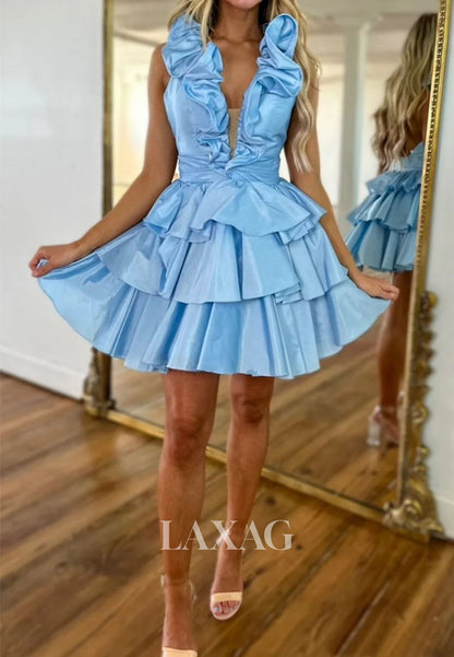 Plunging V-Neck Straps Sleeveless Ruffled Pleated Satin Tiered A-Line Homecoming Dress