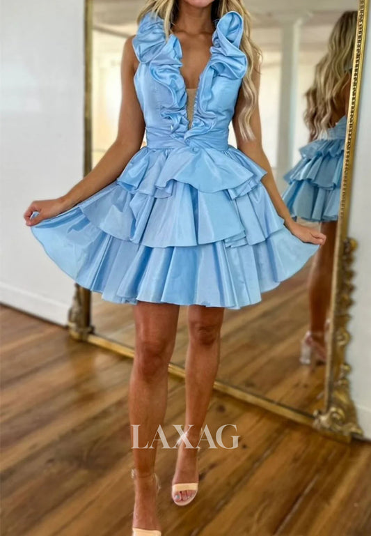 Plunging V-Neck Straps Sleeveless Ruffled Pleated Satin Tiered A-Line Homecoming Dress