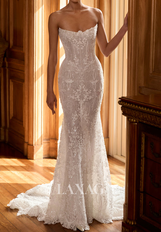 Bateau-Neck Sleeveless Fully Sequined Beaded Lace Sweep Train Mermaid Wedding Dress