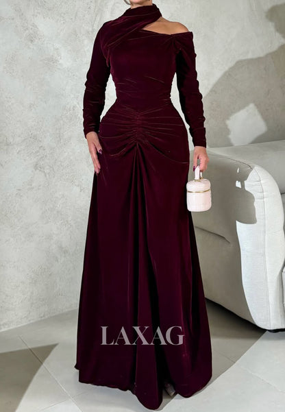 Asymmetrical-Neck Pleated Velvet Formal Gowns Long-Sleeves Floor-Length Mermaid Evening Dress