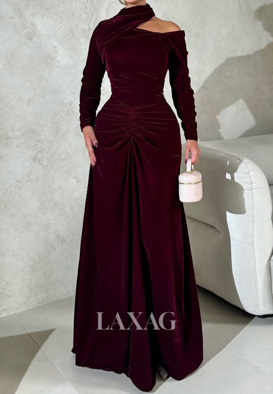 Asymmetrical-Neck Pleated Velvet Formal Gowns Long-Sleeves Floor-Length Mermaid Evening Dress