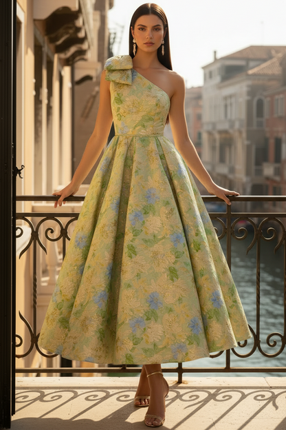 Asymmetrical-Neck One-Strap Jacquard Satin Pleated Ankle-Length A-Line Cocktail Dress