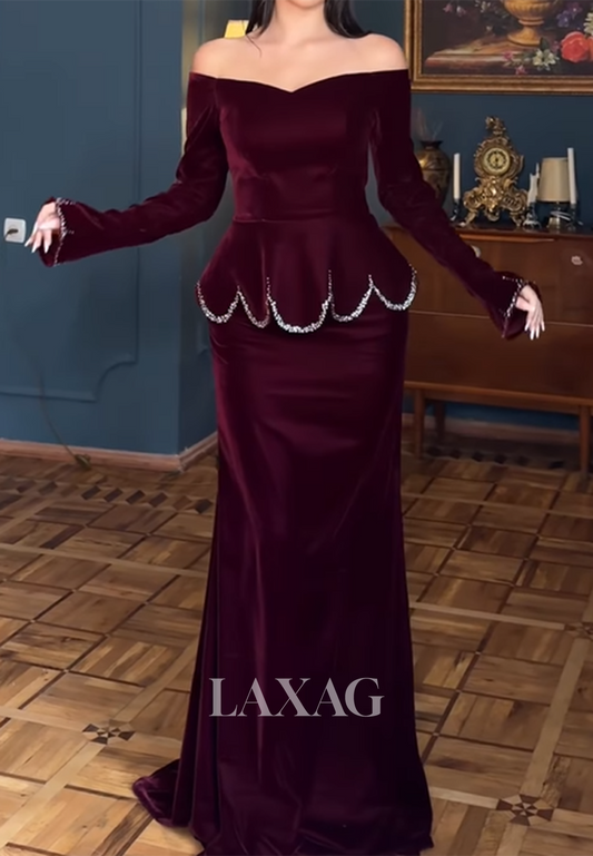 V-Neck Long-Sleeves Meramid Evening Dress Off-Shoulder Beaded Satin Floor-Length Formal Gowns