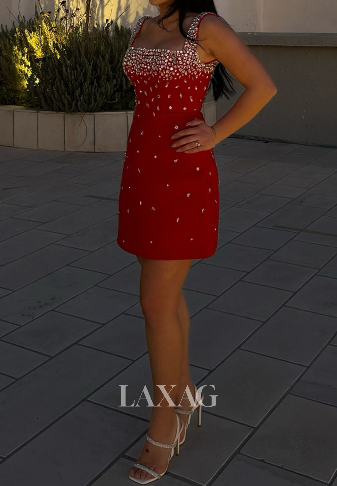 Square-Neck Straps Sleeveless Beaded Rhinestone Satin Short Mermaid Party Homecoming Dress