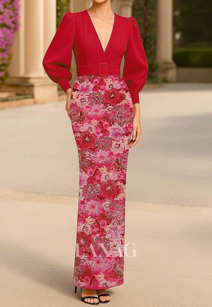 Deep V-Neck Long-Sleeves Floor-Length Formal Gowns Sequined Applique Satin Mermaid Evening Dress