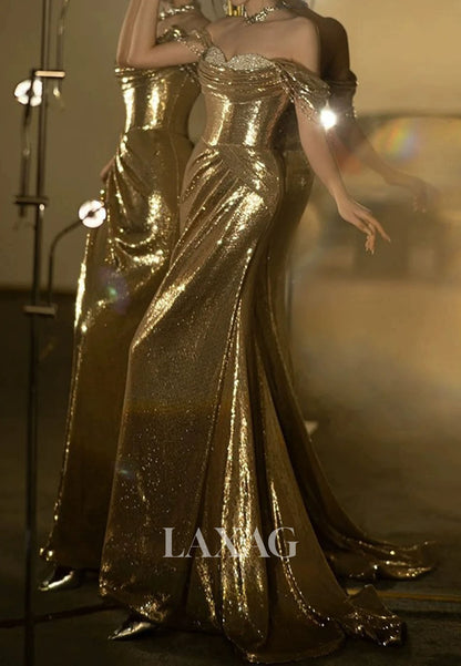 Sweetheart Fully Sequined Pleated Party Gowns Sleeveless Beaded Sweep Train Mermaid Prom Dress