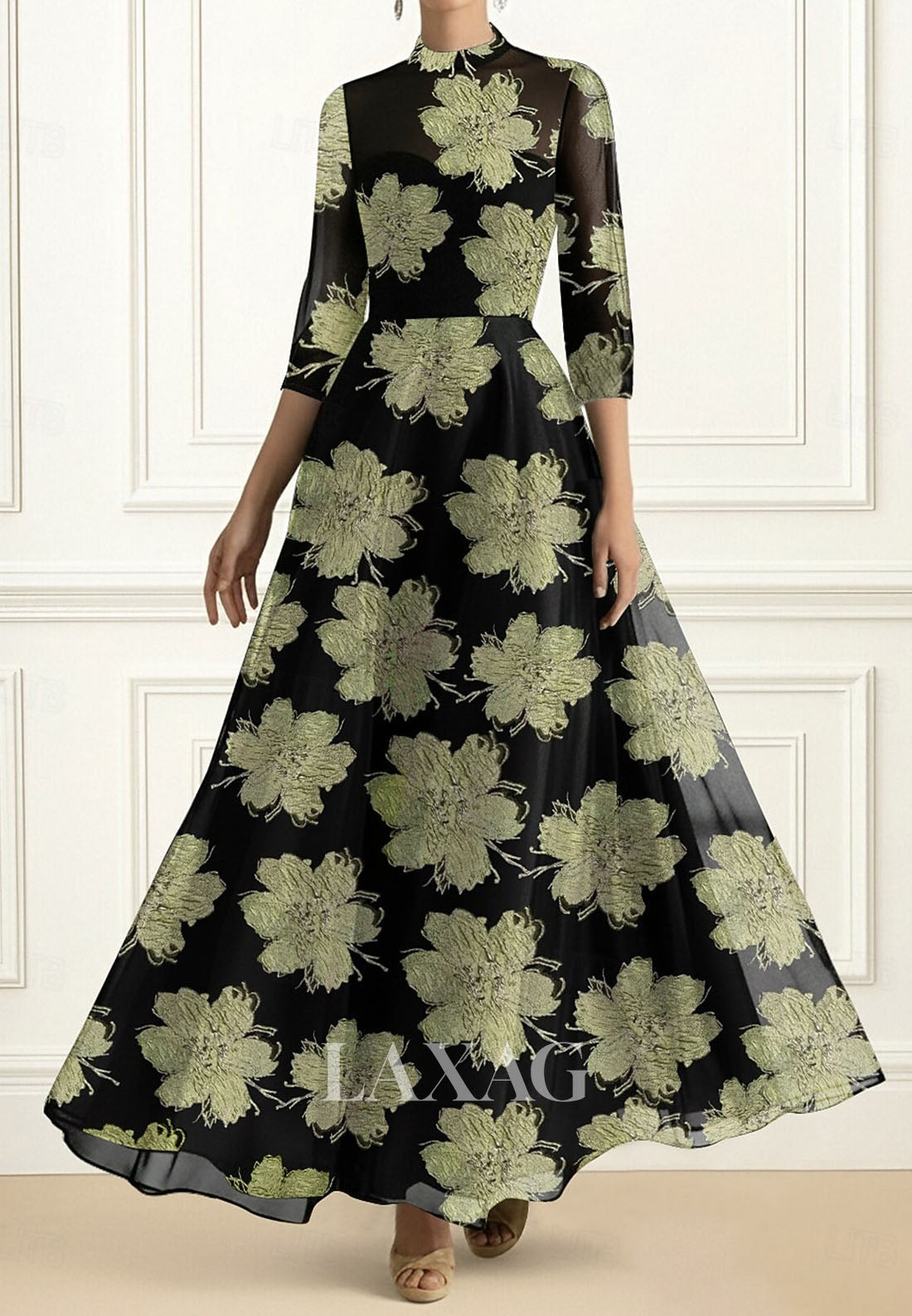 High-Neck 3/4-Sleeves Formal Gowns Jacquard Tulle Floor-Length A-Line Evening Dress