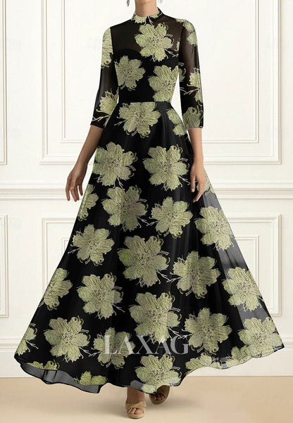 High-Neck 3/4-Sleeves Formal Gowns Jacquard Tulle Floor-Length A-Line Evening Dress