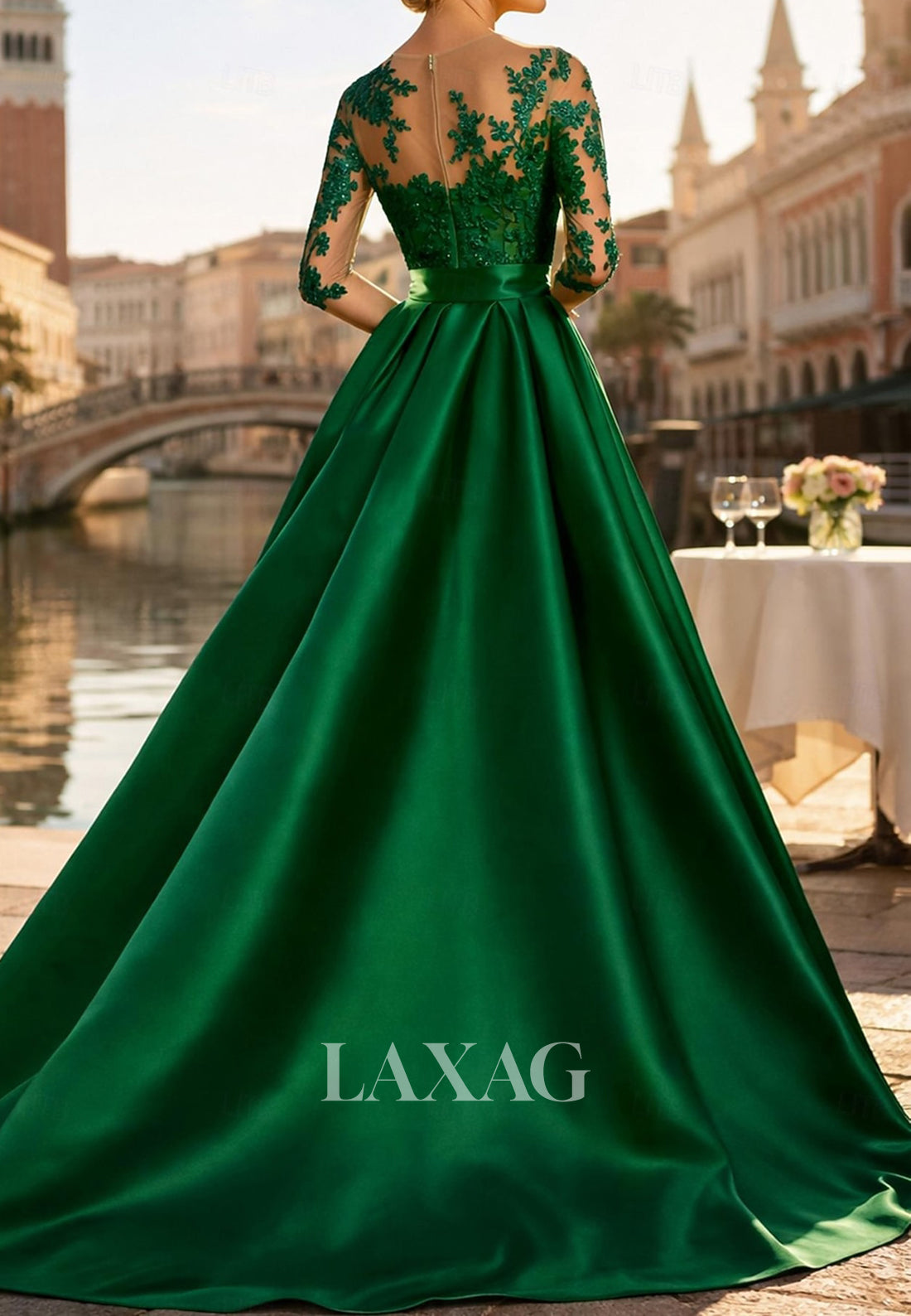 A-Line Scoop-Neck Half-Sleeves Beaded Applique Satin Pleated Mother of the Bride Dress