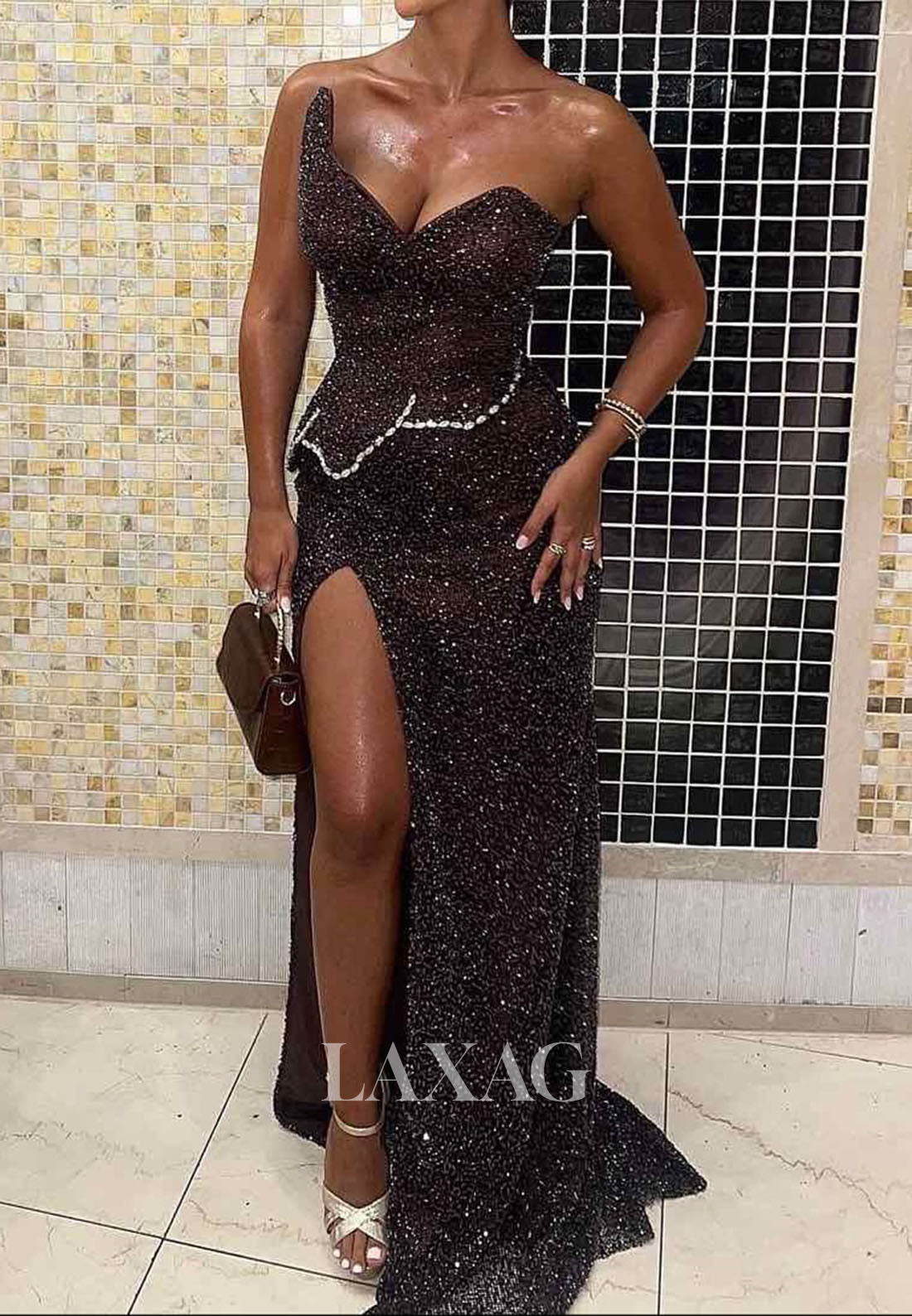 Asymmetrical V-Neck Sleeveless Mermaid Prom Dress Beaded Fully Sequined Slit Evening Gowns