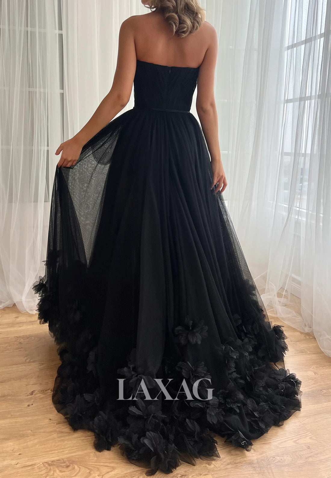 Off-Shoulder Sweetheart A-Line Prom Dress Floral Embellished Pleated Tulle Evening Gowns