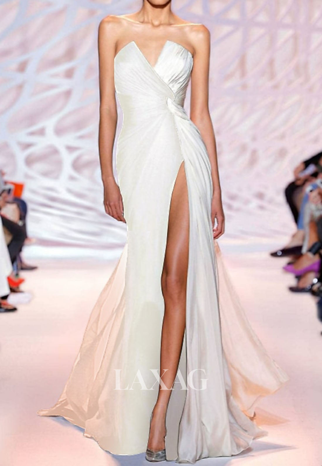 V-Neck Floor-Length Pleated Chiffon Mermaid Evening Dress Sleeveless Two Tone Formal Gowns