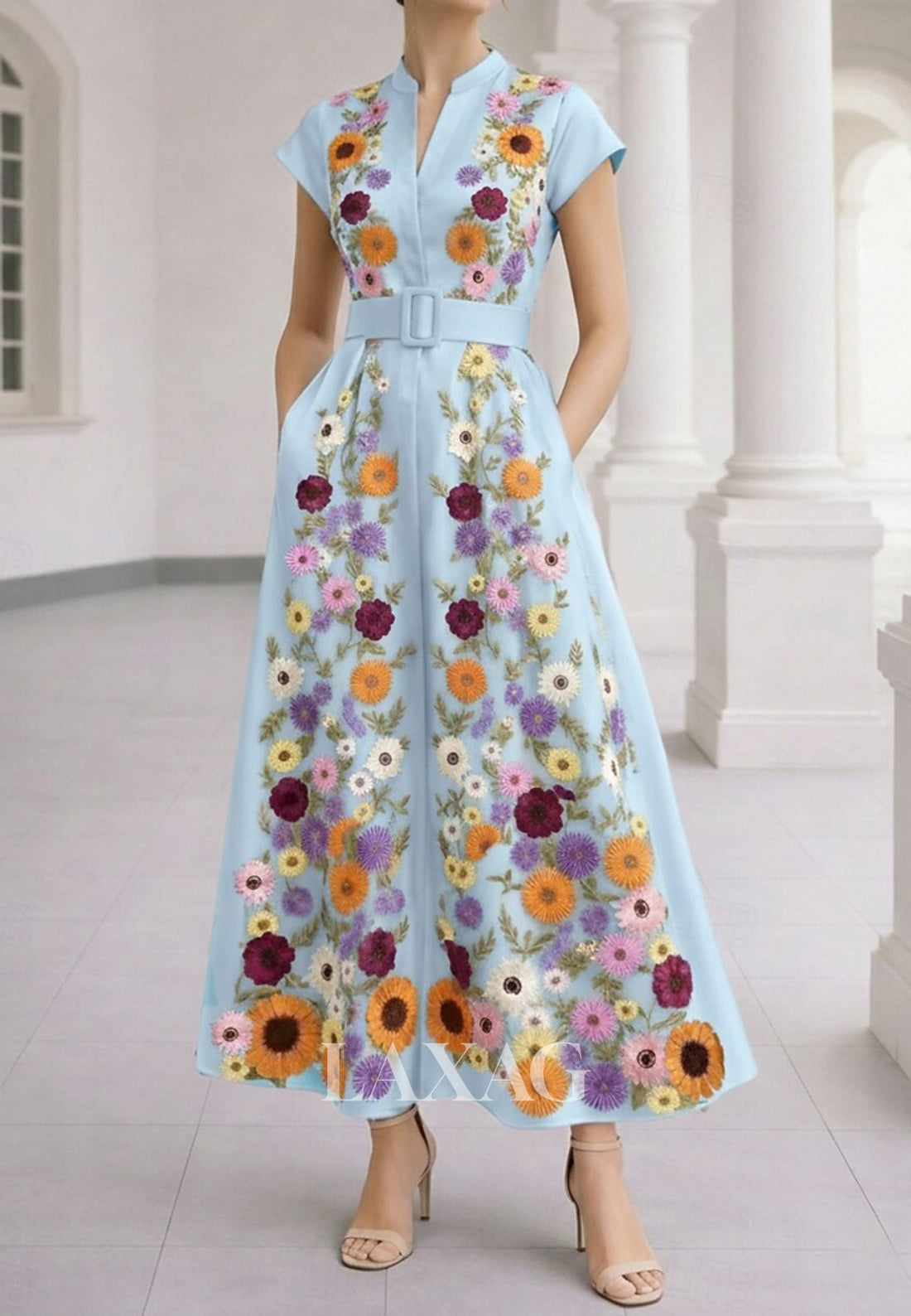 V-Neck Cap-Sleeves 3D-Floral Jacquard Satin Ankle-Length A-line Formal Morth of the Bride Dress