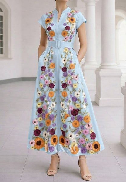V-Neck Cap-Sleeves 3D-Floral Jacquard Satin Ankle-Length A-line Formal Morth of the Bride Dress