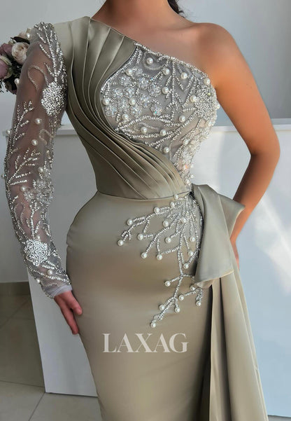 Asymmetrical-Neck One-Long-Sleeves Pearls Beaded Sequined Pleated Satin Mermaid Evening Gowns