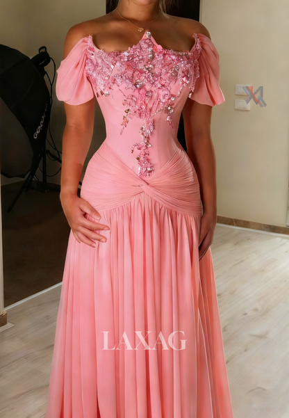 Sweetheart Pleated Chiffon Fitted Prom Dress Floral Embellished Sequined Applique Party Gowns