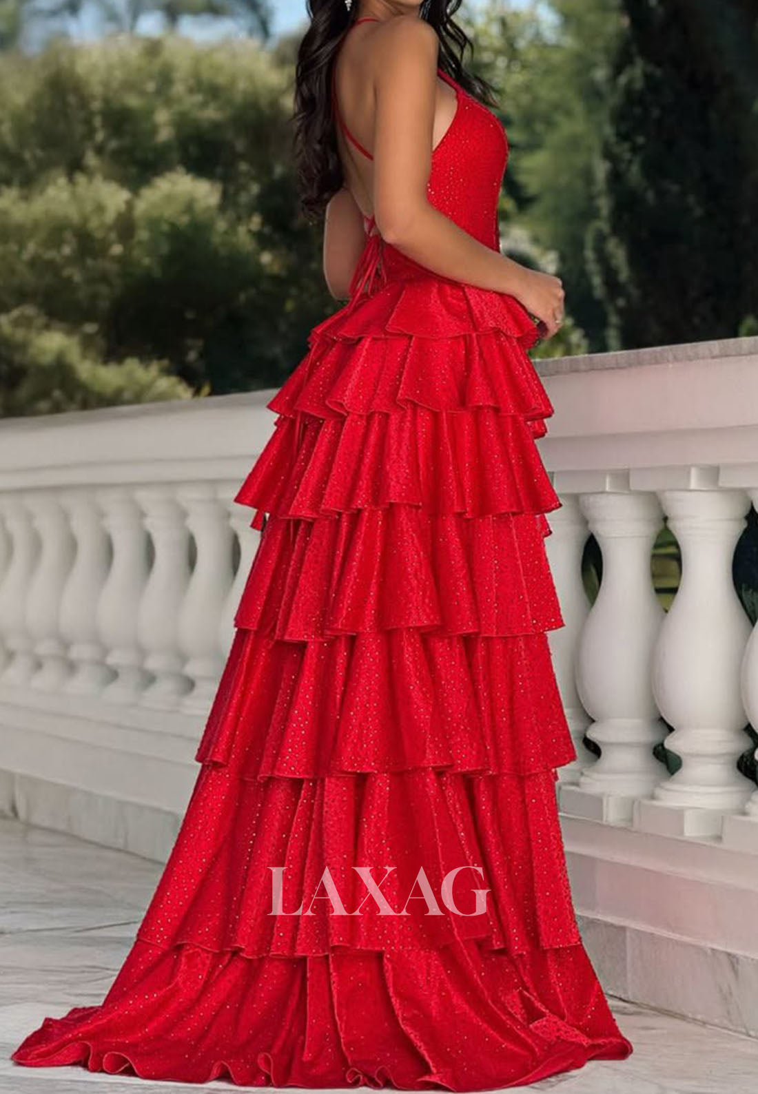 Halter-Neck Satin Pleated Tiered A-Line Prom Dress Off-Shoulder Fully Beaded High Slit Party Gowns