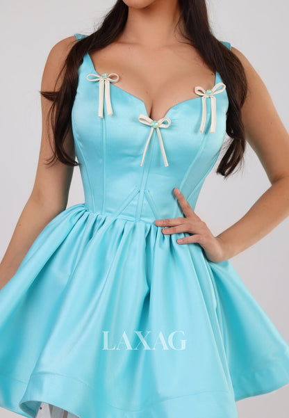Sweetheart Straps Sleeveless Pleated Satin A-Line Homecoming Dress with Bows
