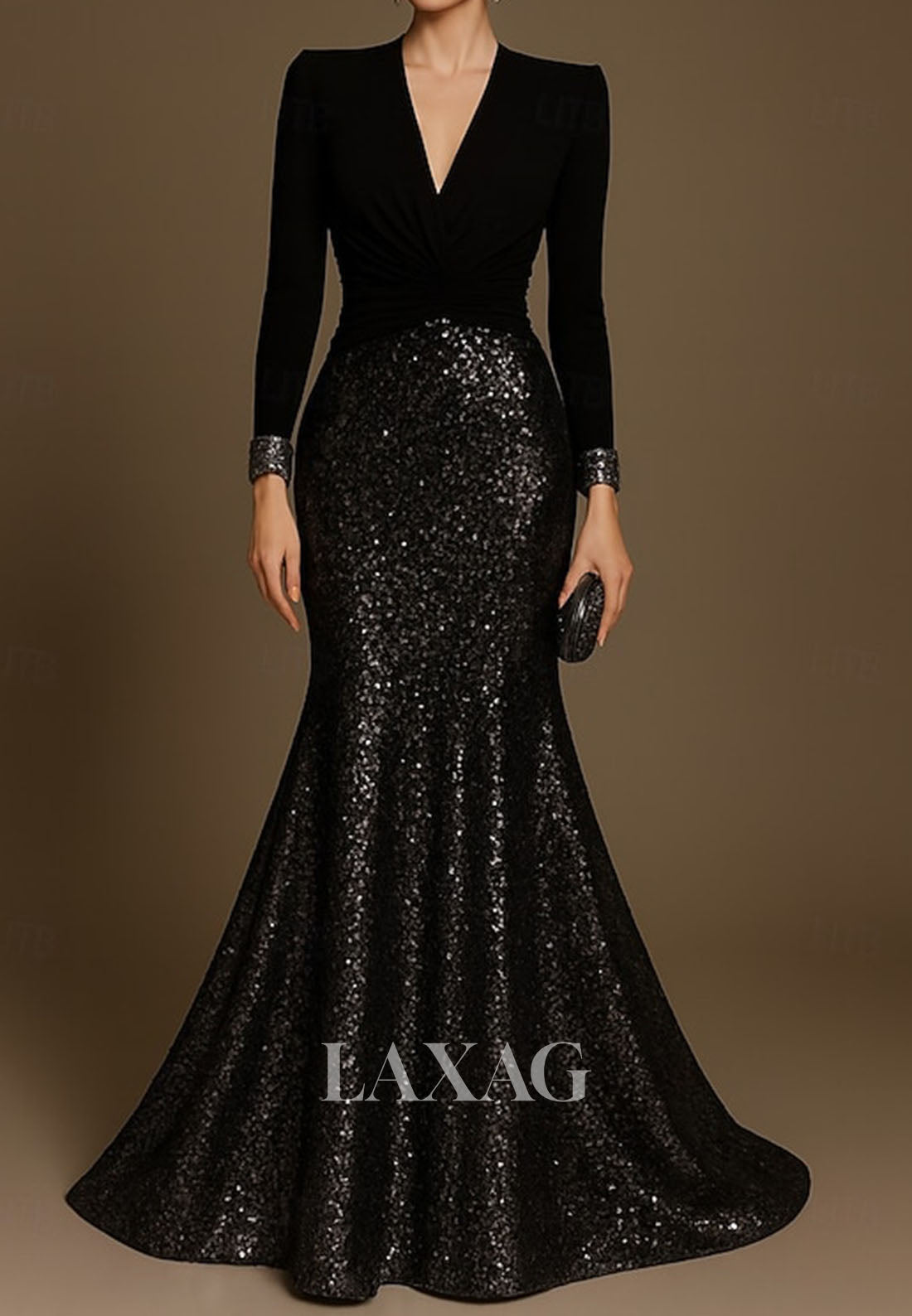 V-Neck Long-Sleeves Floor-Length Formal Gowns Sequined Satin Trumpet Mermaid Evening Dress