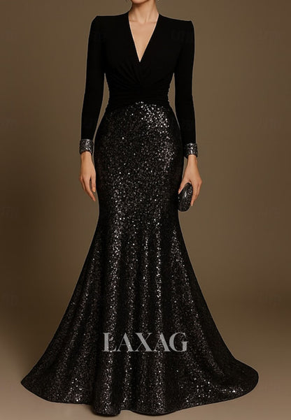 V-Neck Long-Sleeves Floor-Length Formal Gowns Sequined Satin Trumpet Mermaid Evening Dress