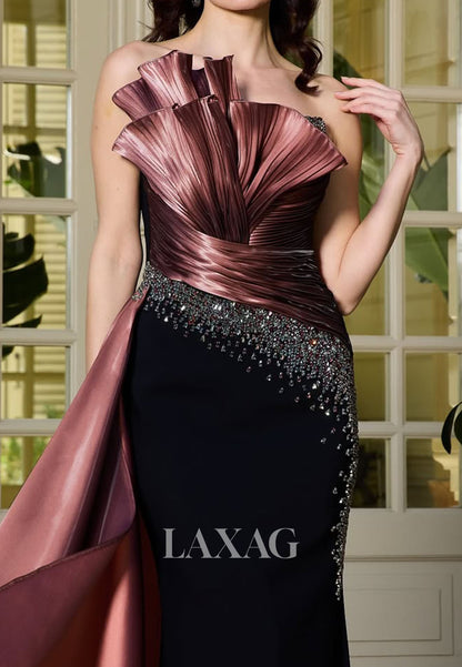 Tube Top Pleated Two Tone Satin Mermaid Evening Dress Off-Shoulder Sleeveless Beaded Formal Gowns