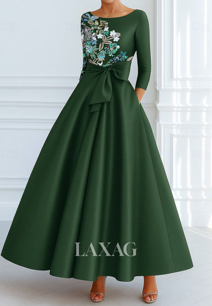 A-Line Long-Sleeves Pleated Satin Evening Dress Sequined Applique Ankle-Length Formal Gowns