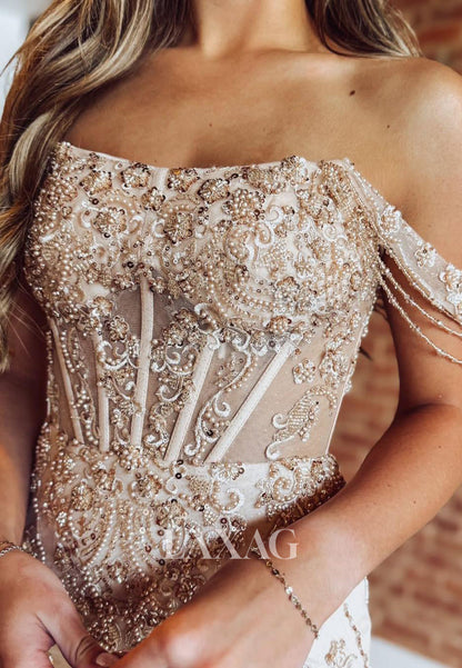 Bateau-Neck Off-Shoulder Sleeveless Beaded Sequined Applique Mermaid Homecoming Dress