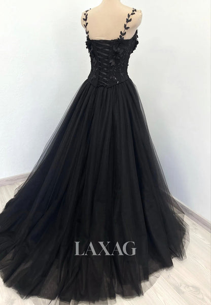 Spaghetti Straps Pleated Tulle Formal Gowns Sweetheart Sequined Applique A-Line Wedding Dress