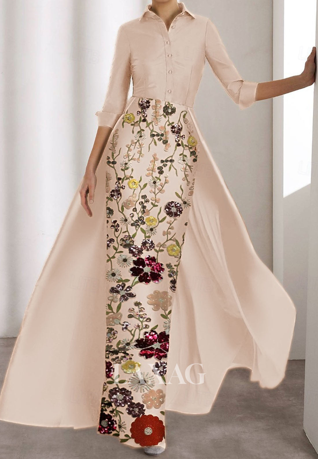 Collared Half-Sleeves Satin Mermaid Evening Dress Multi-Color Sequined Applique Formal Gowns