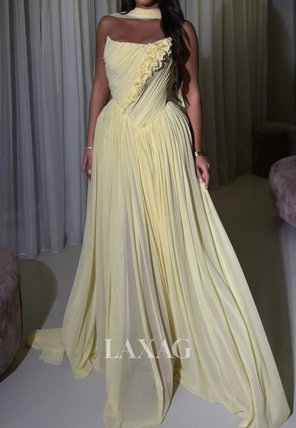 Bateau-Neck Off-Shoulder Pleated Chiffon Party Gowns Floral Embellished A-Line Prom Dress