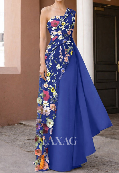 Asymmetrical-Neck Sleeveless 3D-Floral Jacquard Satin Pleated Floor-Length Fitted Evening Dress