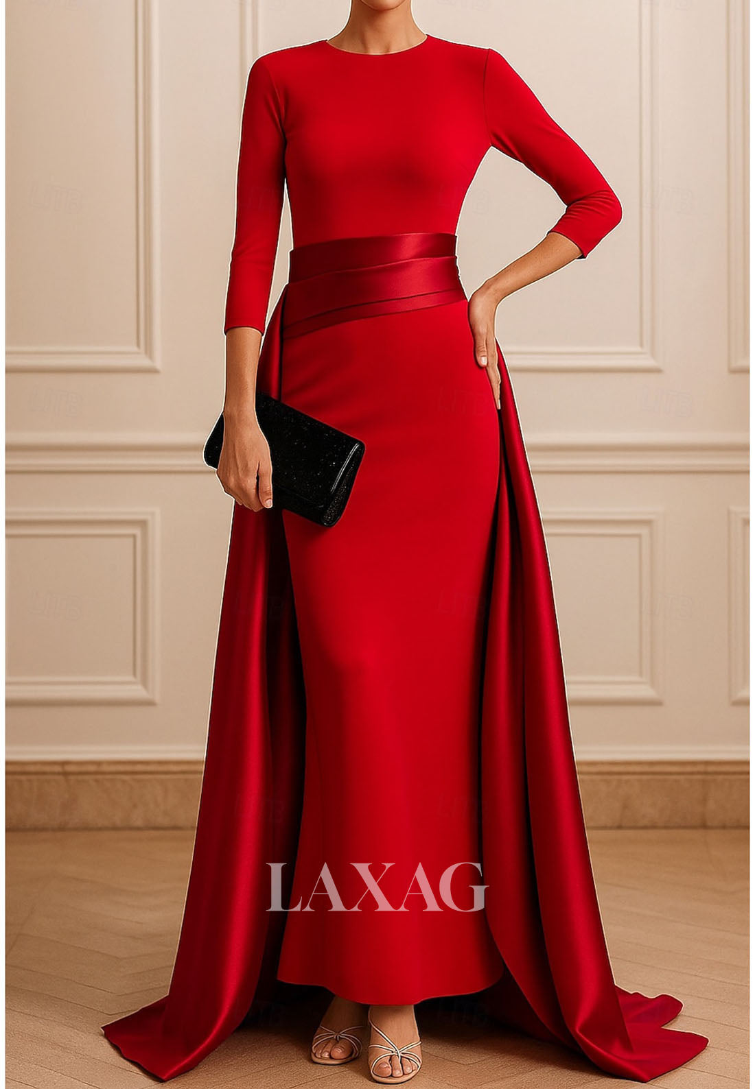 Scoop-Neck 3/4-Sleeves Pleated Satin Mermaid Evening Dress Floor-Length Simple Formal Gowns