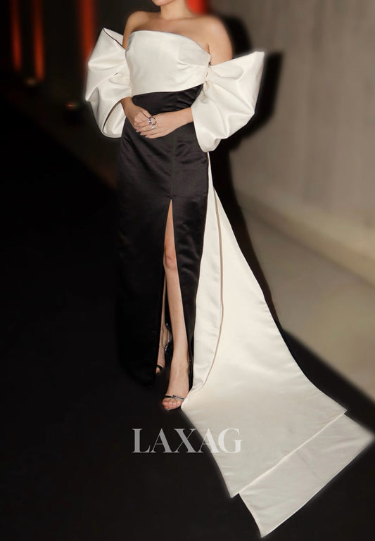 Tube Top Off-Shoulder Two Tone Satin Pleated Floor-Length Slit Mermaid Prom Dress with Big Bow