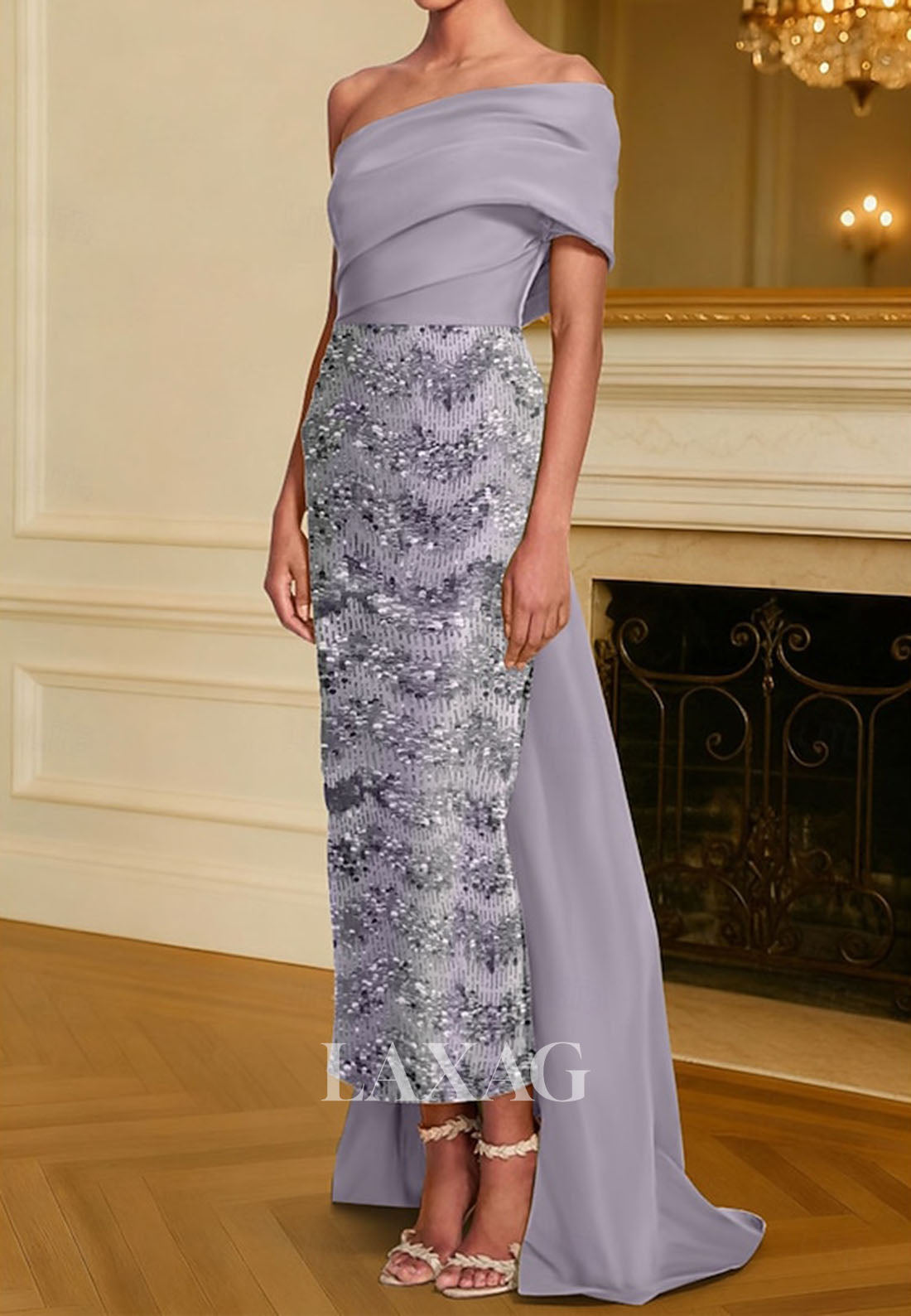 Asymmetrical-Neck Sequined Applique Mermaid Evening Dress Off-Shoulder Pleated Satin Formal Gowns