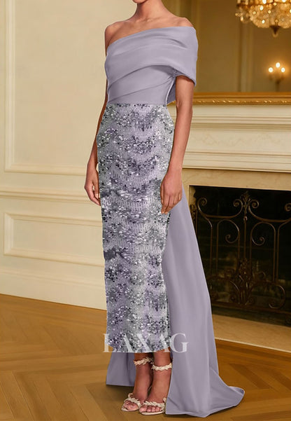 Asymmetrical-Neck Sequined Applique Mermaid Evening Dress Off-Shoulder Pleated Satin Formal Gowns